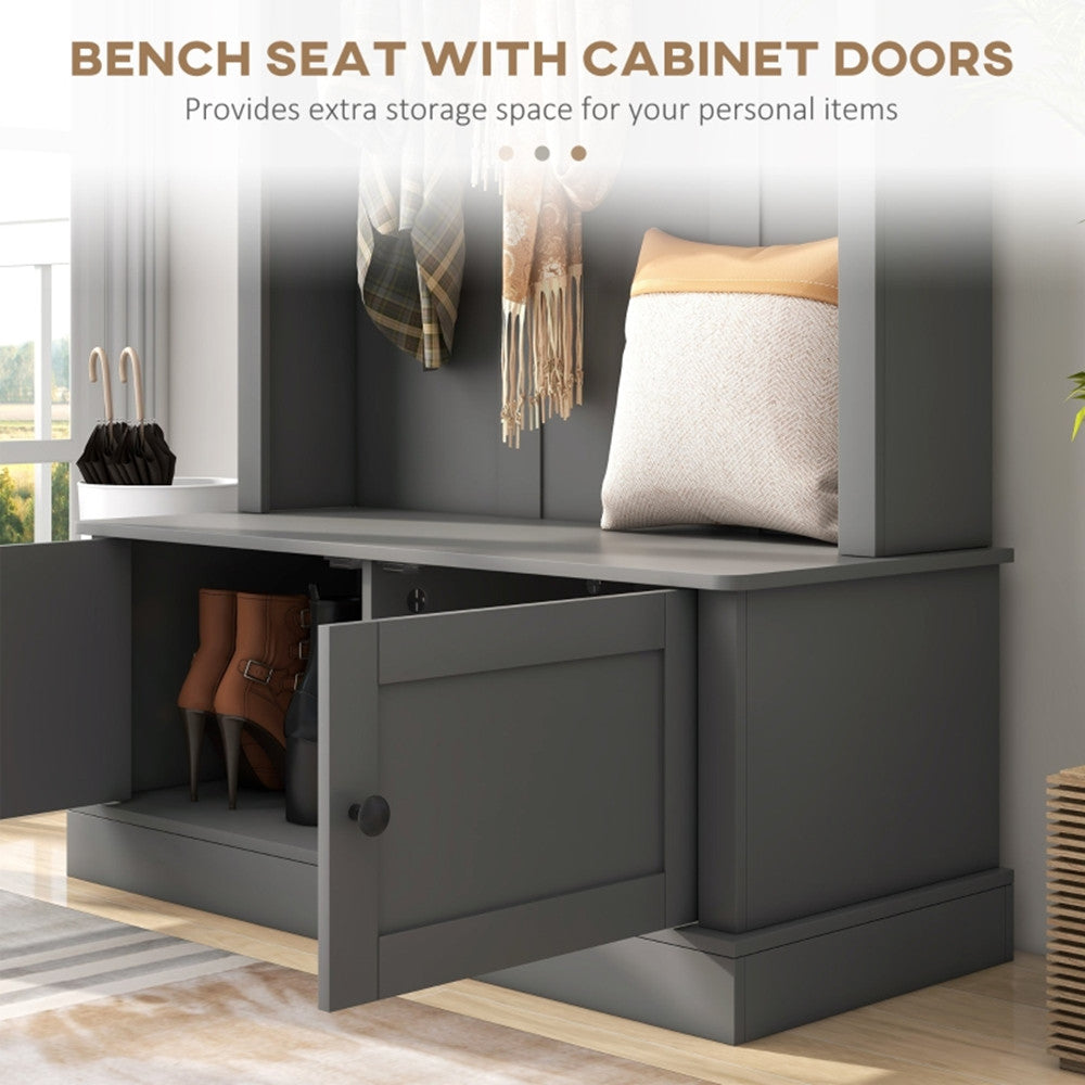 Gray Entryway Hall Tree with Storage Cabinet, Bench & Coat Rack