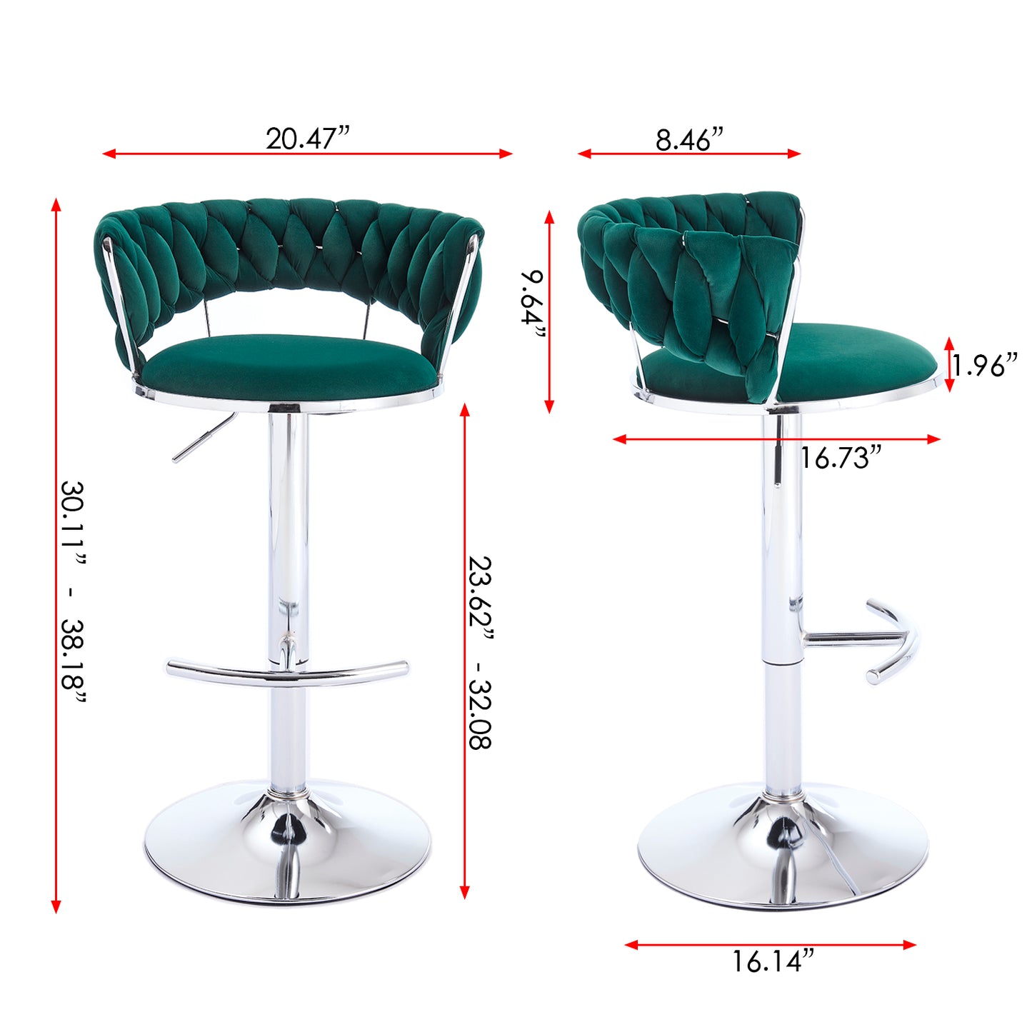 Set of 2 Green Velvet Bar Stools with Chrome Base & Swivel Adjustable Height