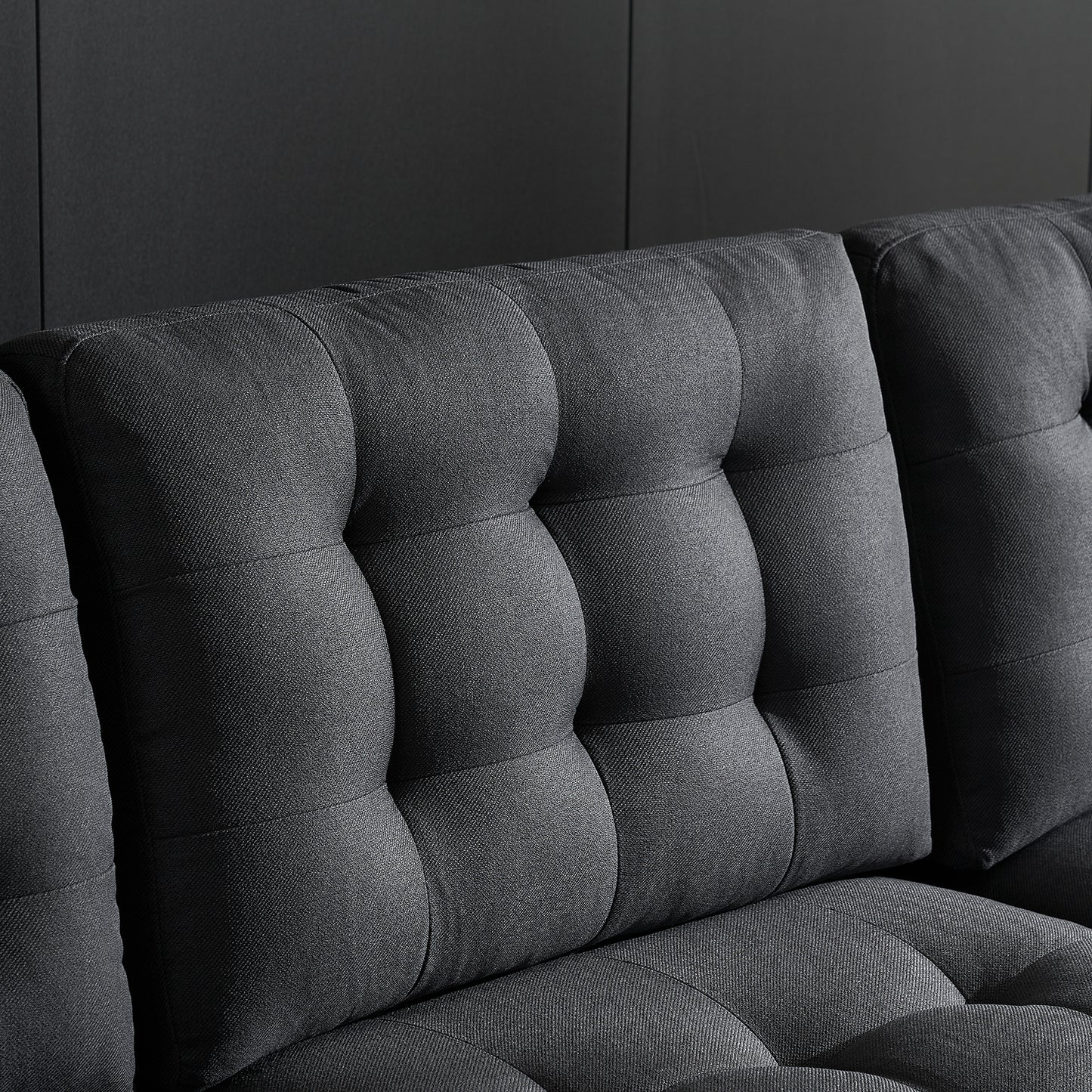 U-Shaped Sectional Sofa – Dark Gray Upholstery, Wooden & Iron Frame with Black L