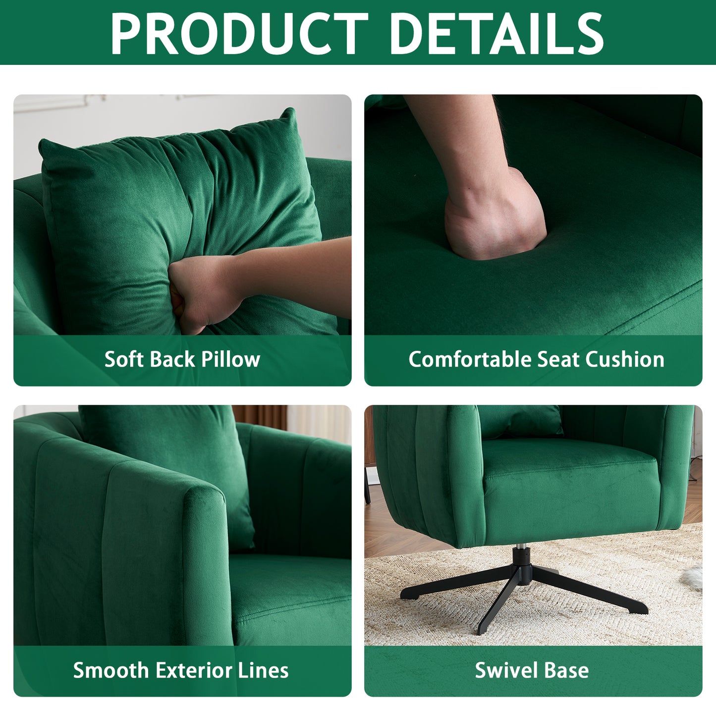 360° Swivel Velvet Accent Chair with Fluffy Cushion – Green
