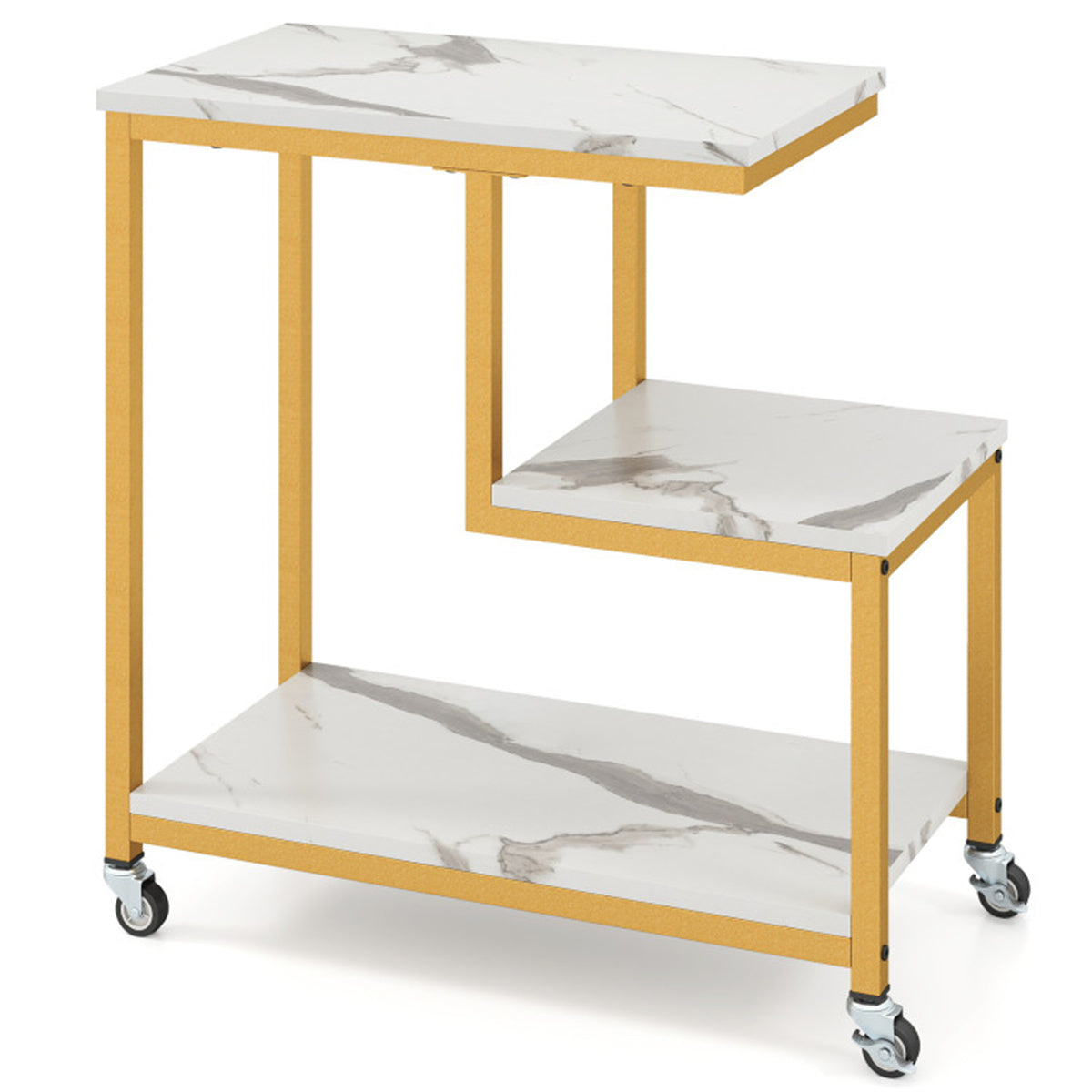 G-Shaped 3-Tier White End Table with Wheels – Mobile Storage Side Table