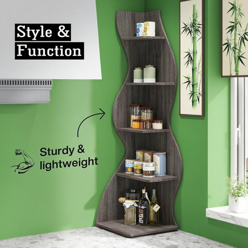 Dark Brown Wavy 5-Tier Corner Bookshelf – Modern Sculpted Bookcase Storage Rack