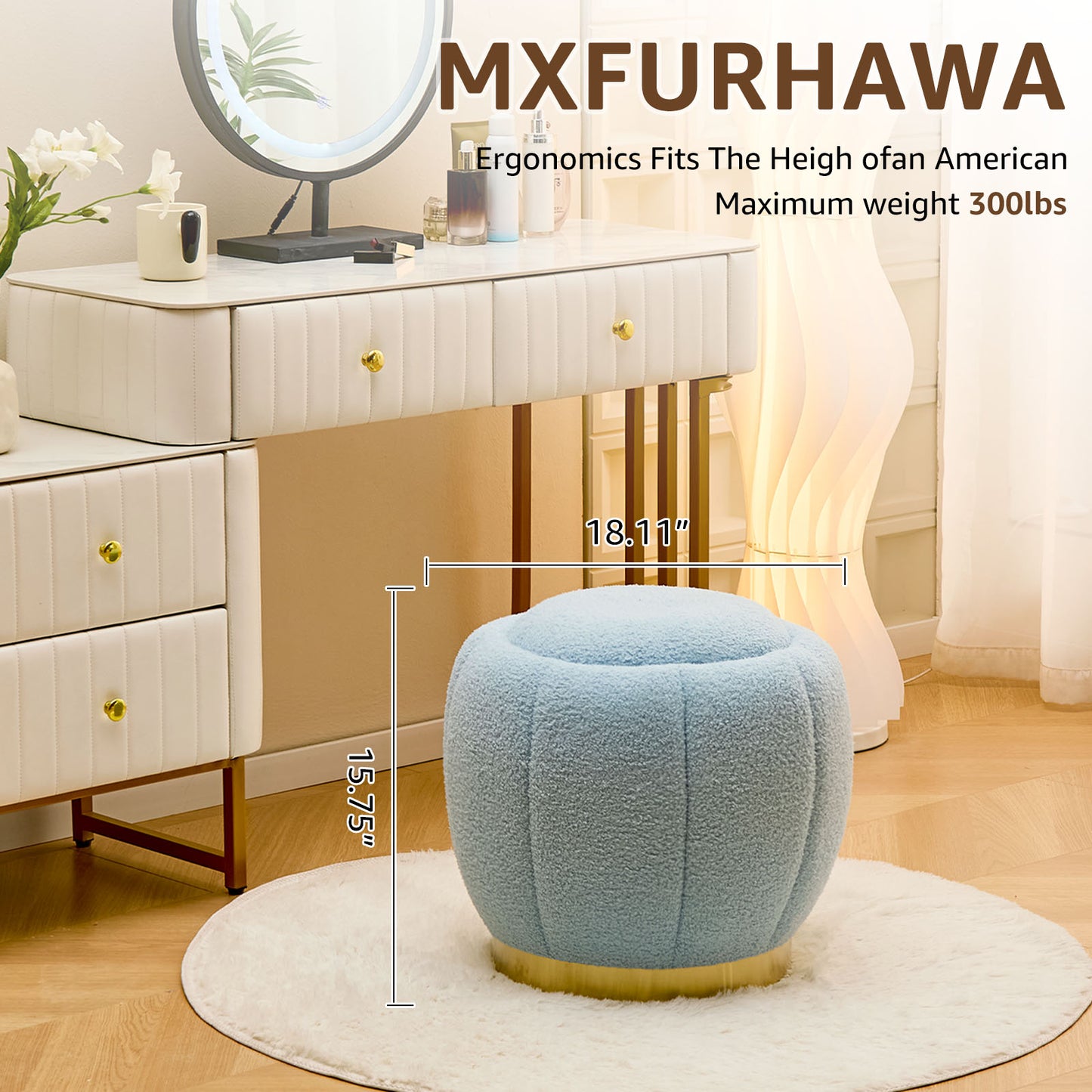 Modern Round Storage Ottoman Footrest with Soft Seat, Velvet Stool Accent, Blue