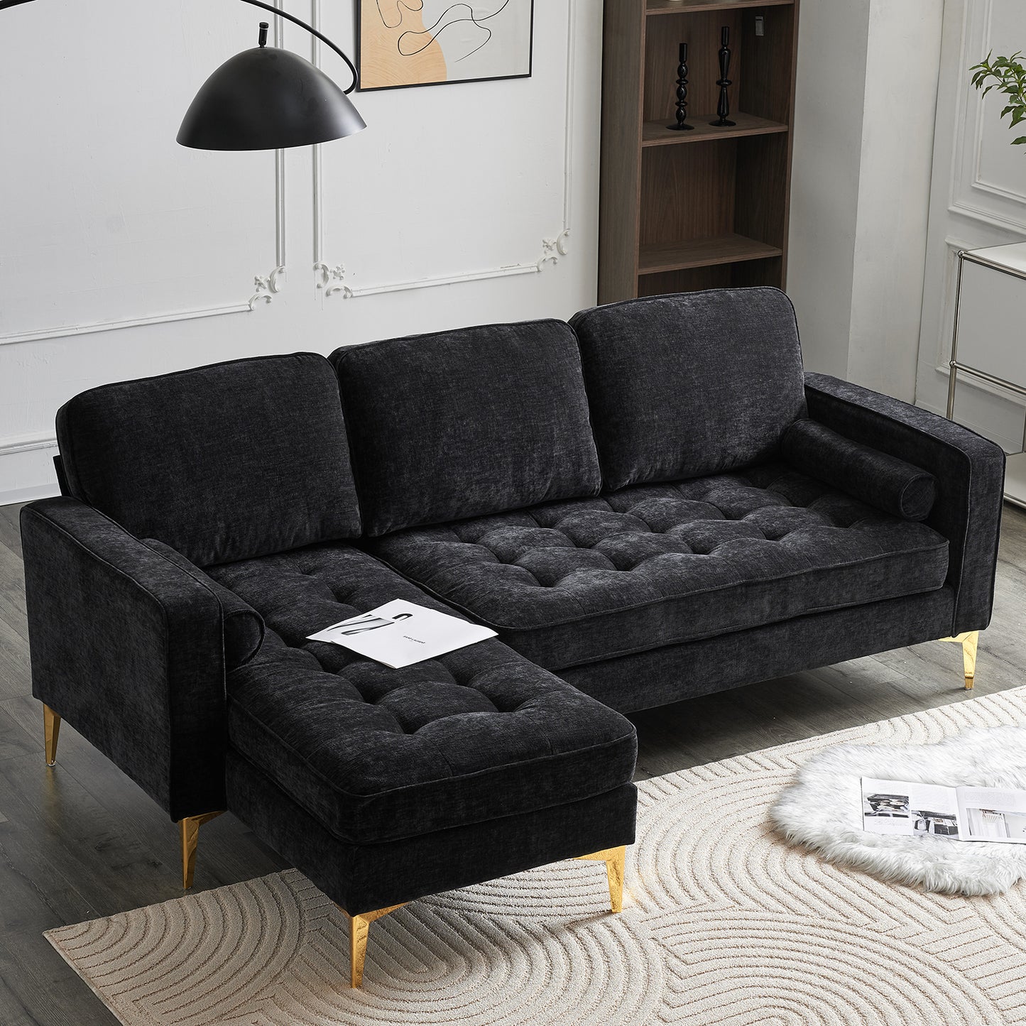 3-Seater Chenille Modular Sofa with Footstool, Gold Legs – Black