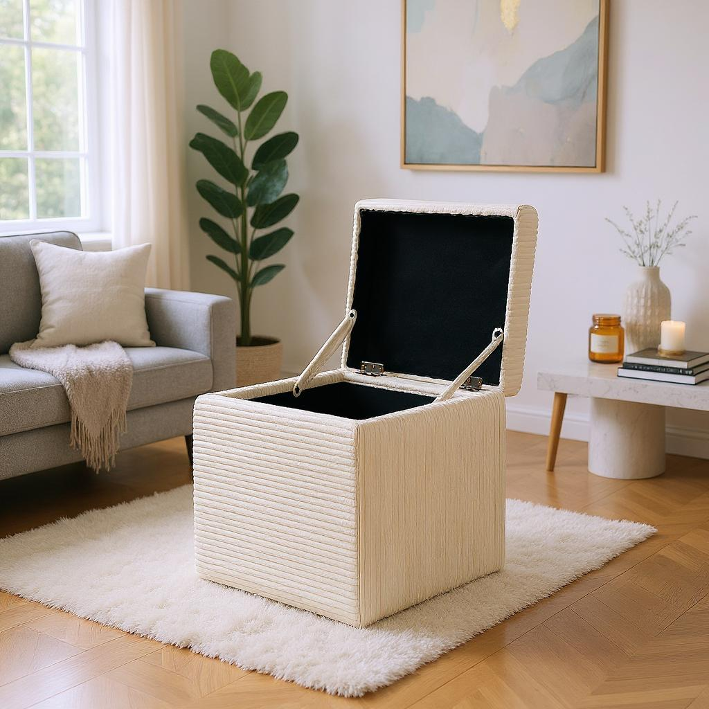 Beige Corduroy Storage Ottoman with Hidden Compartment – 16.5” Cube Seat