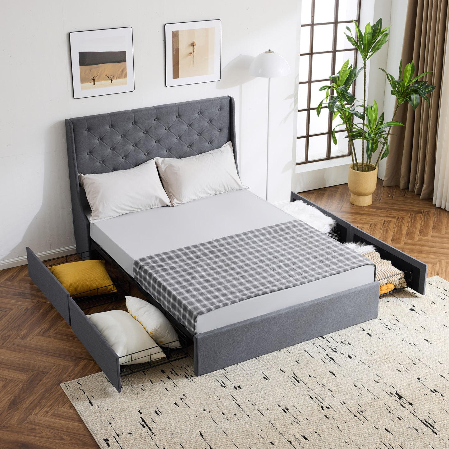 Queen Upholstered Storage Bed Frame with 4 Drawers & Wingback Tufted Headboard