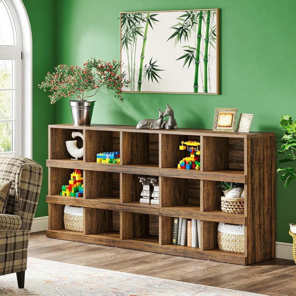 71" Rustic Brown Farmhouse Console Table – 4-Tier, 15-Cube Storage by Tribesigns