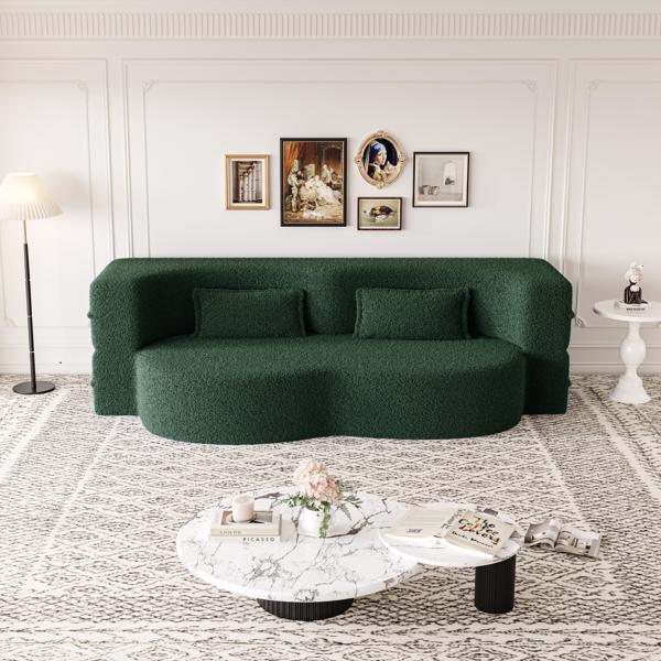 Green Teddy Fabric Convertible Floor Sofa Bed with 2 Pillows, Full Size 78"