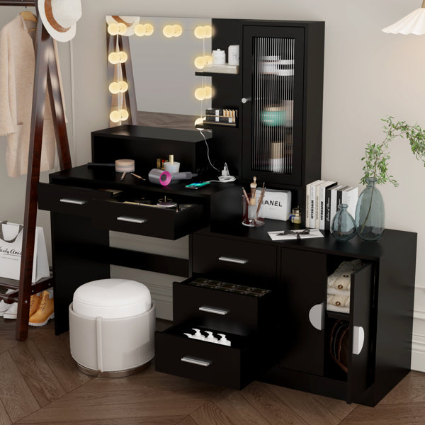Large Vanity Table with Mirror, LED Lights, Drawers & Charging Station