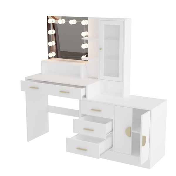 Large Vanity Table with Mirror, LED Lights, Drawers & Charging Station, White