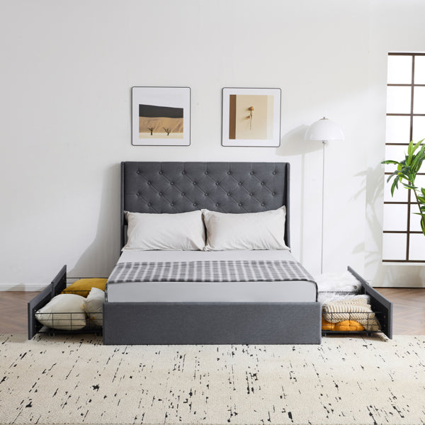 Queen Upholstered Storage Bed Frame with 4 Drawers & Wingback Tufted Headboard