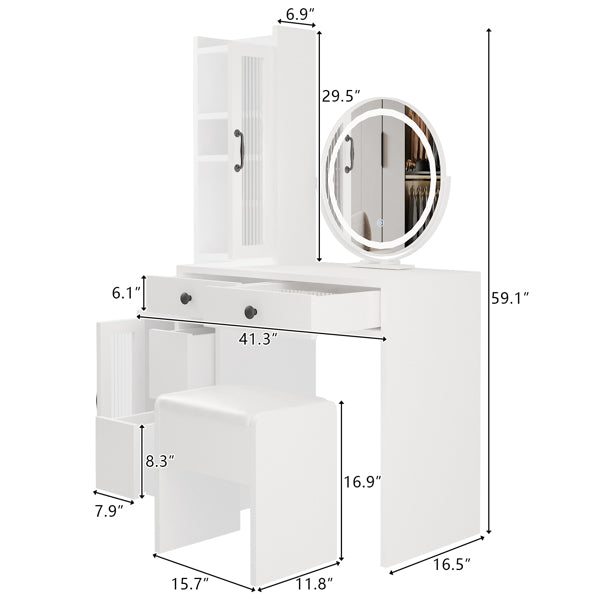 Modern Vanity Table Set w/ LED Mirror, Side Cabinet & Outlets, 3 Lights