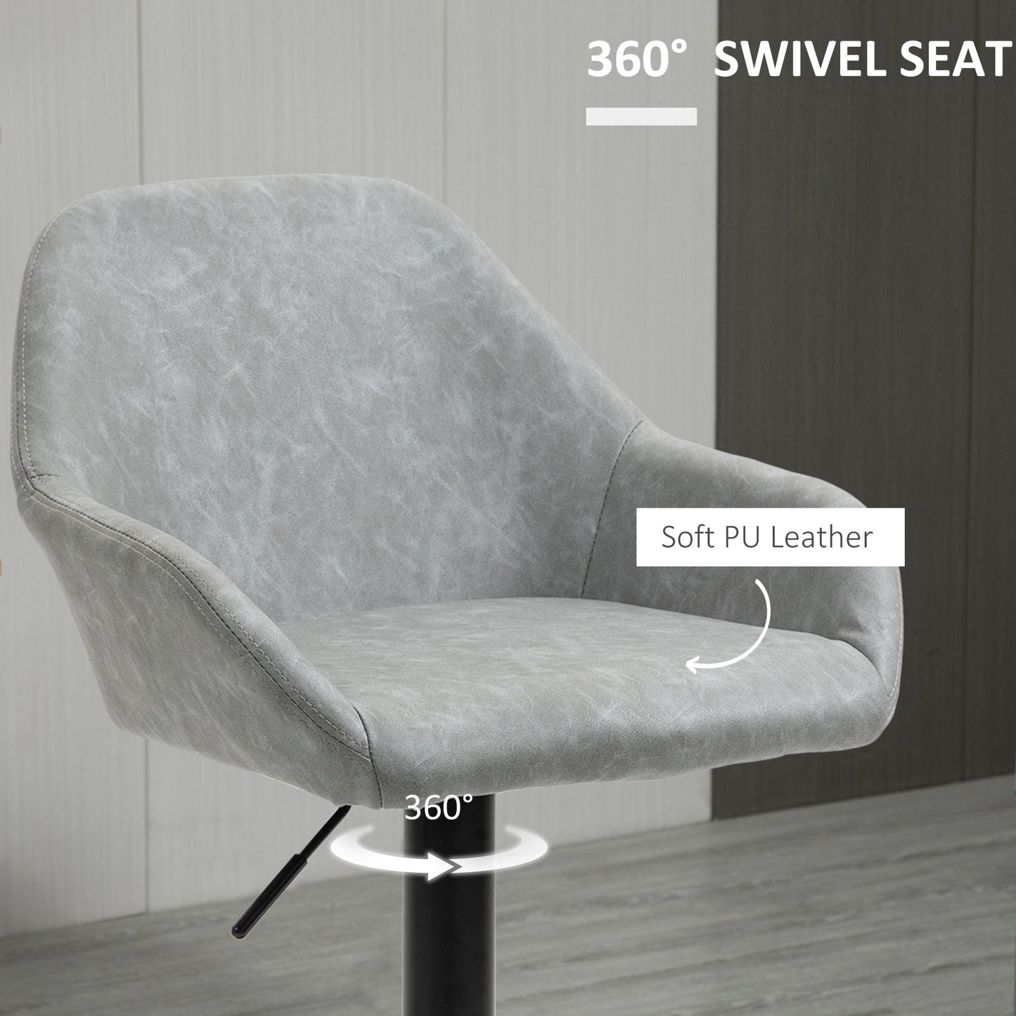 Set of 2 Grey PU Leather Adjustable Swivel Bar Stools with Footrest – Modern Counter Chairs
