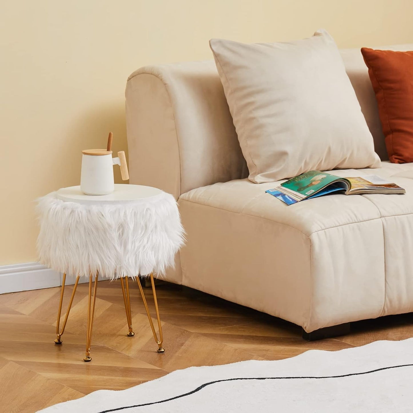Faux Fur Ottoman Stool with Marble Tray, Footrest & Storage, White Vanity Seat