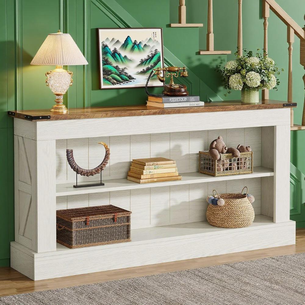 Modern Farmhouse Console Table with 2-Tier Shelves – White & Natural Wood