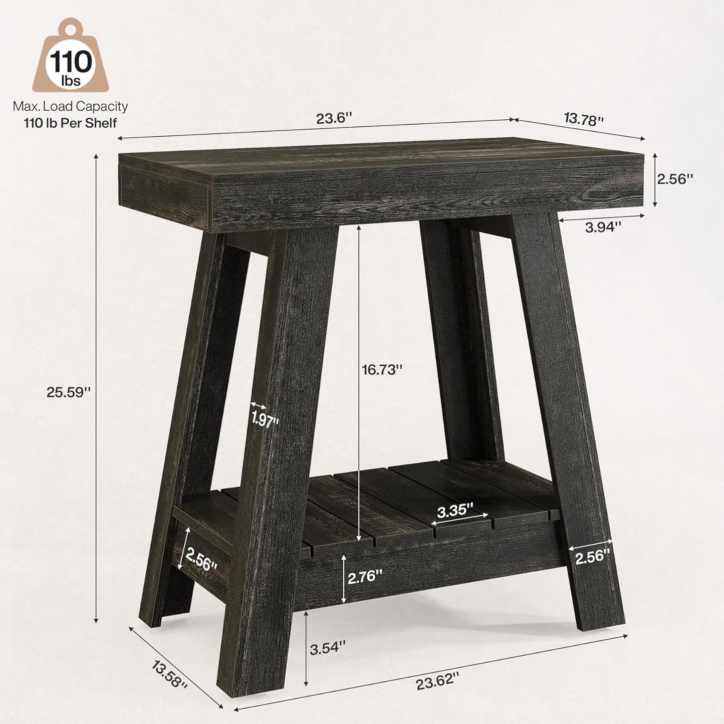 Rustic Grey Farmhouse End Table with 2 Open Shelves – Compact Side Storage