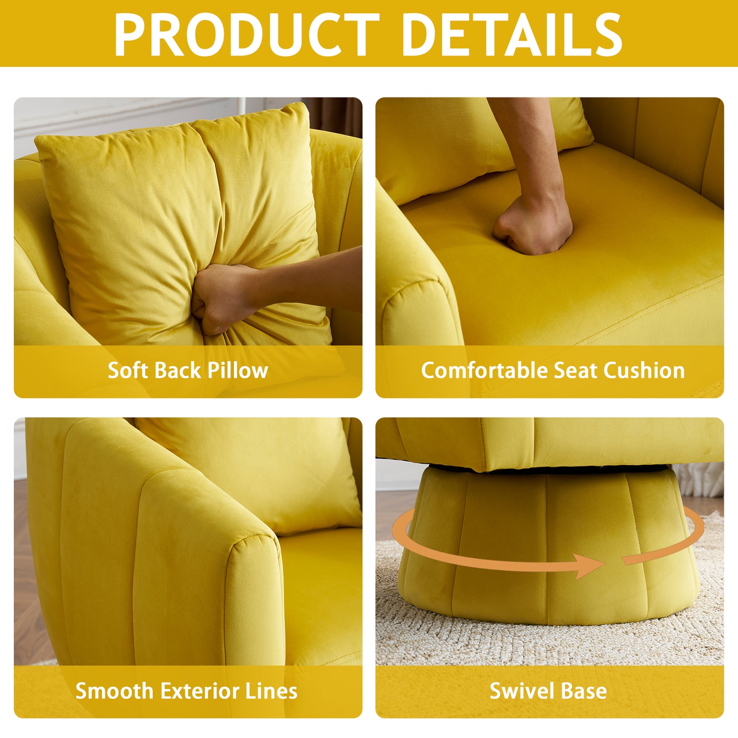 Velvet Accent Chair with Fluffy Cushion – Yellow