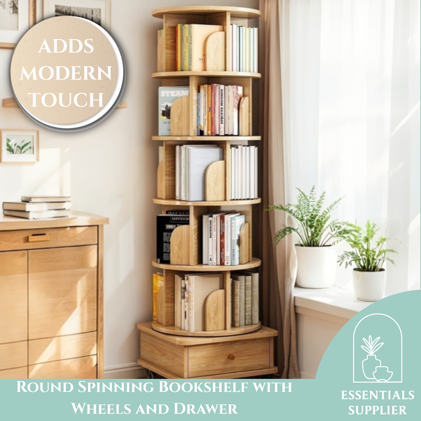6-Tier 360° Rotating Bookshelf with Wheels & Drawer, Space-Saving Wood Color