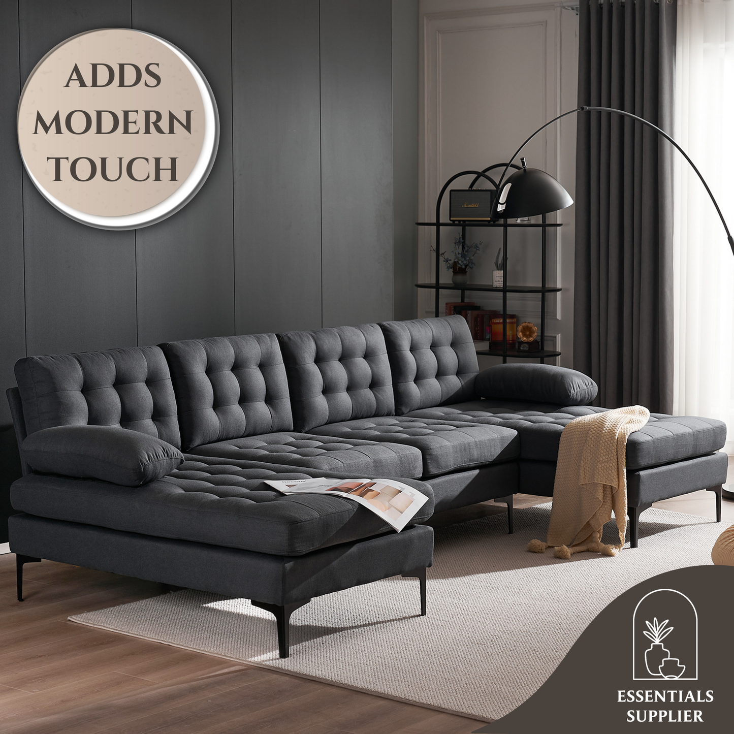 U-Shaped Sectional Sofa – Dark Gray Upholstery, Wooden & Iron Frame with Black L