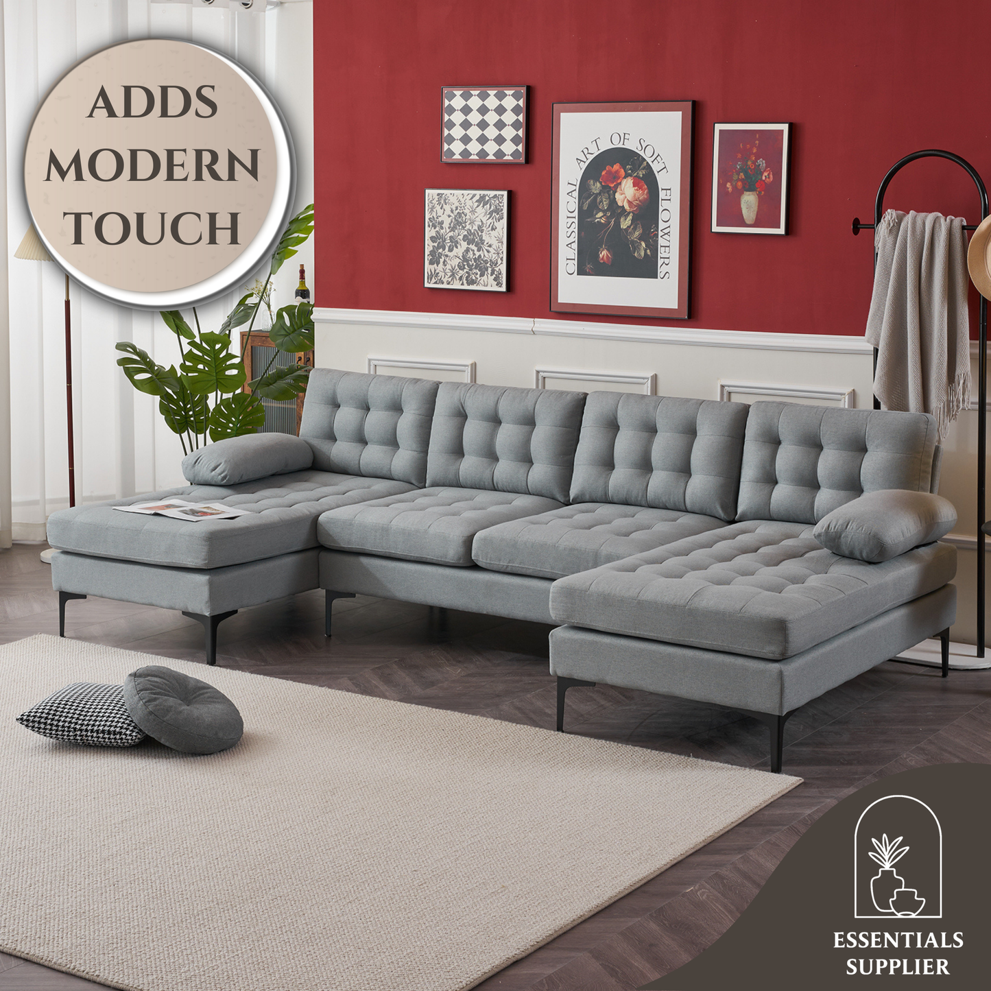 U-Shaped Sectional Sofa – Soft Armrest & Backrest, Wooden & Iron Frame with Gold Legs, Beige Upholstery