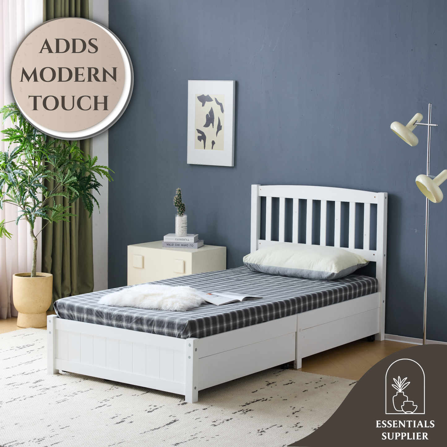 Twin Pine Wood Platform Bed with 4 Storage Drawers & Curved Headboard – White