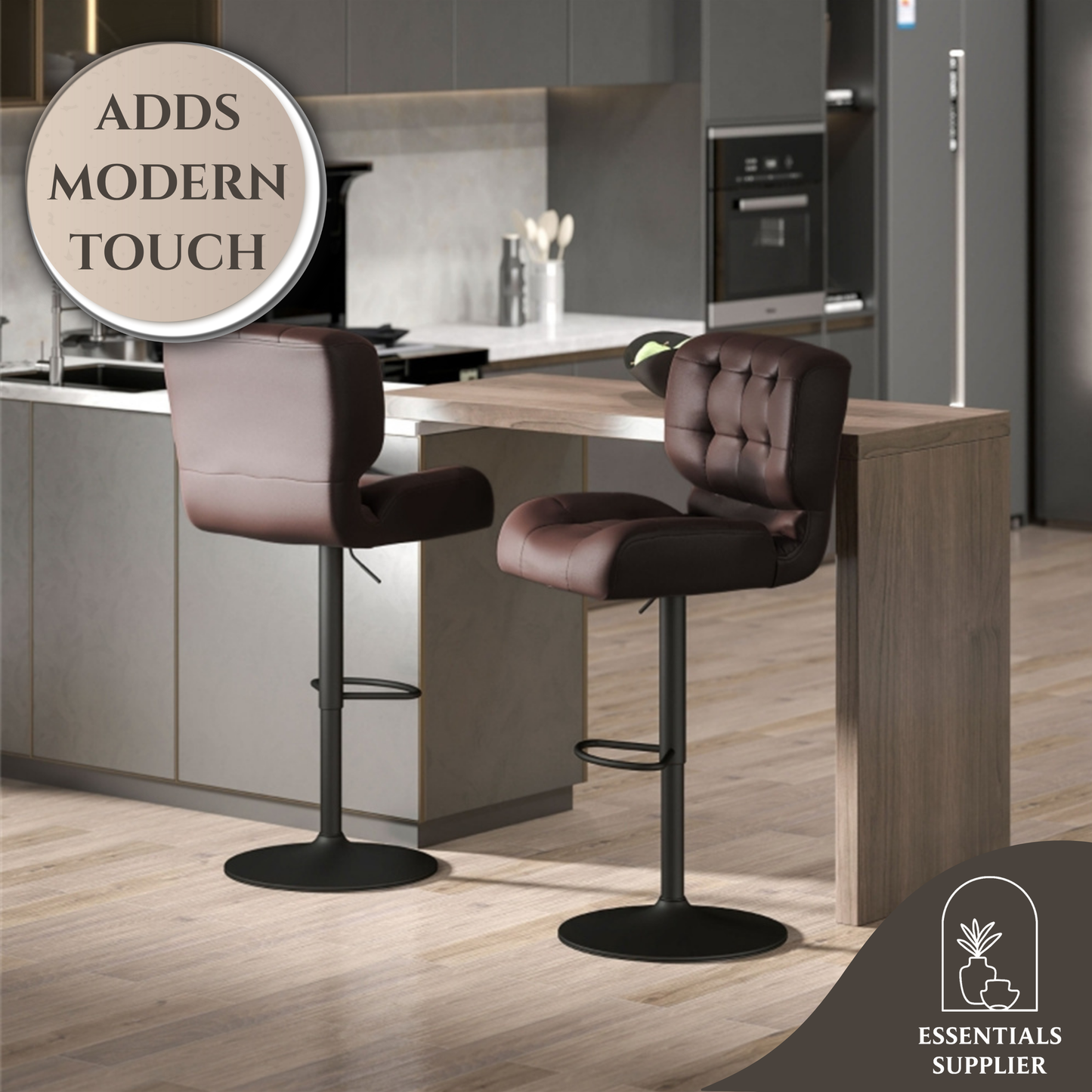 Set of 2 Adjustable Brown Bar Stools with Swivel Seats & Tufted Backrest