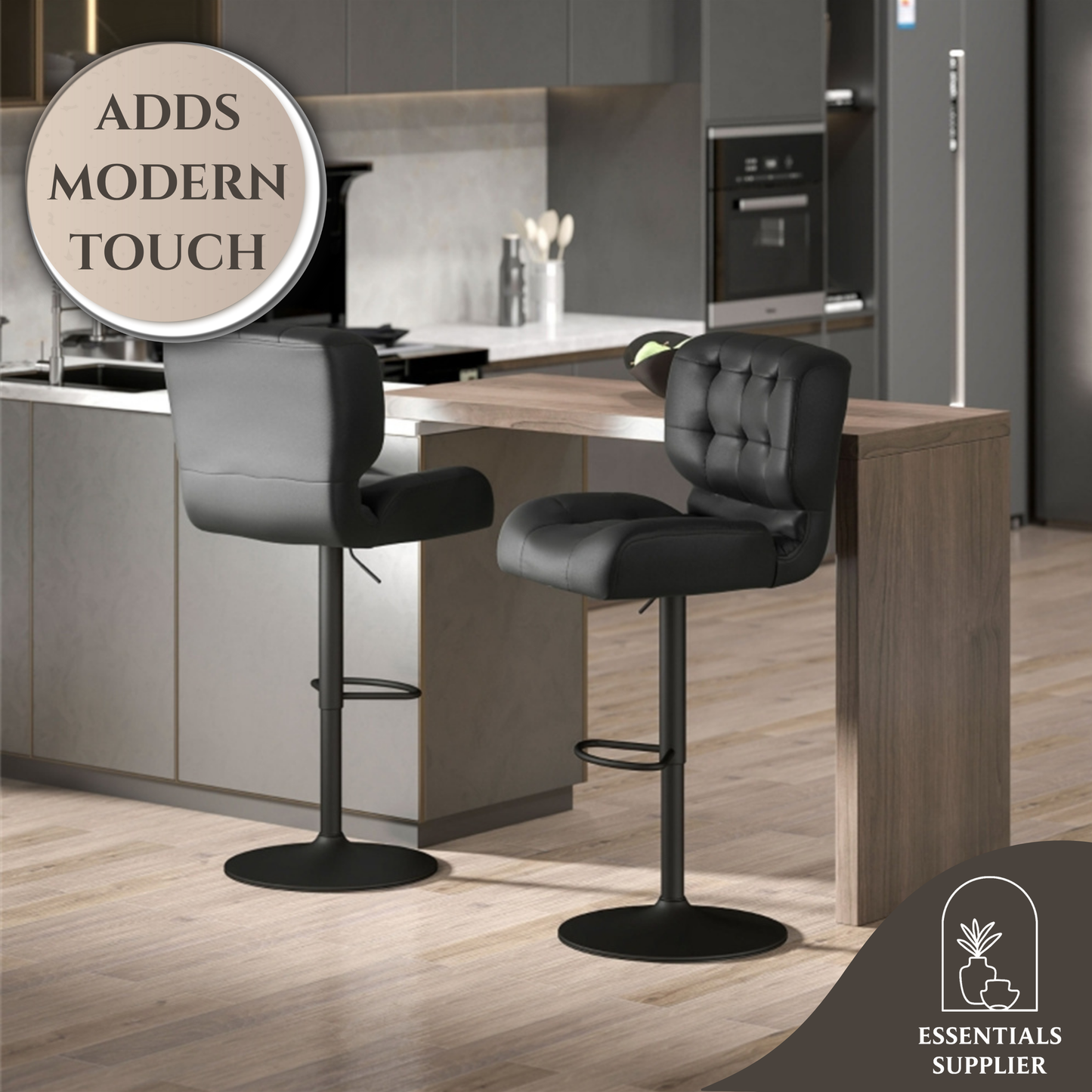 Set of 2 Adjustable Black Bar Stools with Swivel Seats & Tufted Backrest