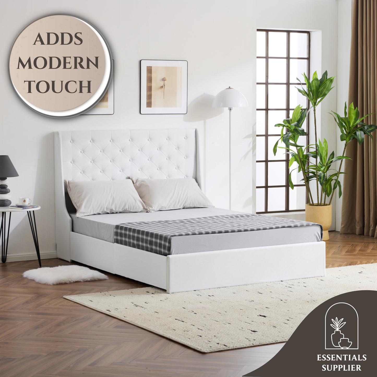 Queen Upholstered Storage Bed Frame with 4 Drawers & Wingback Tufted Headboard