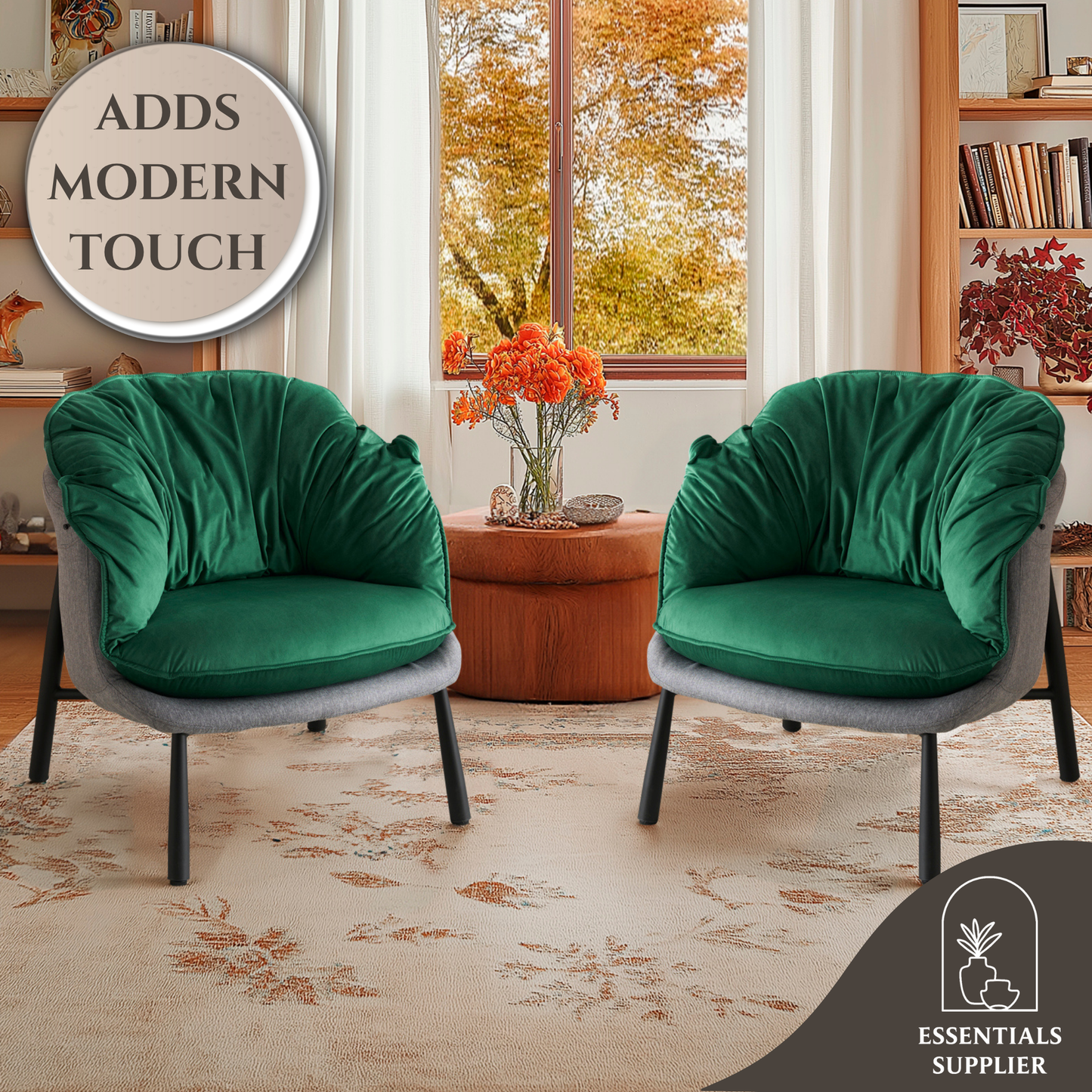 Modern Velvet Barrel Accent Chair with Metal Legs – Green Armchair