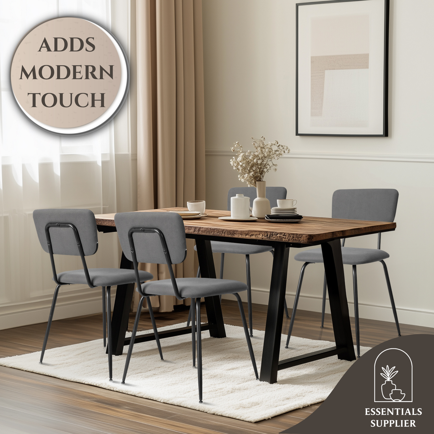 Set of 4 Modern Grey Padded Dining Chairs for Kitchen, Bar & Office Use