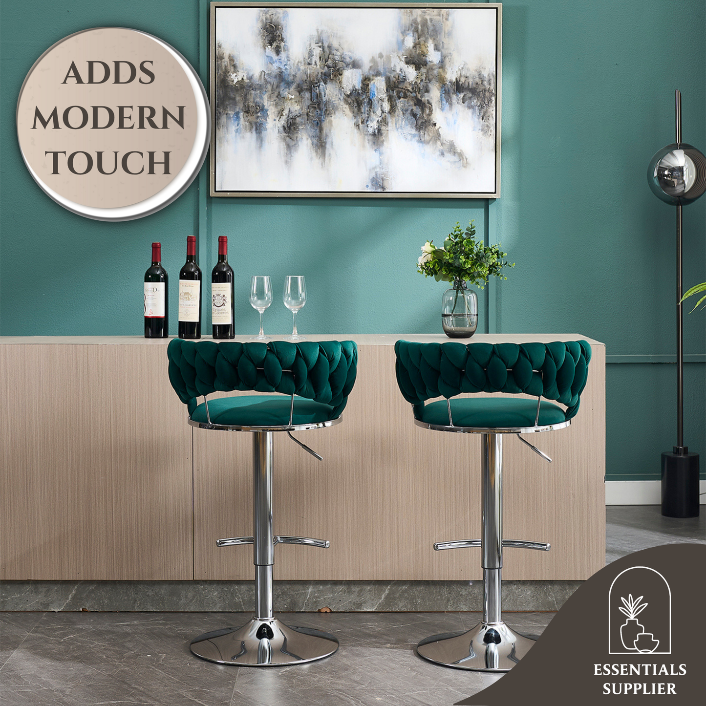 Set of 2 Green Velvet Bar Stools with Chrome Base & Swivel Adjustable Height