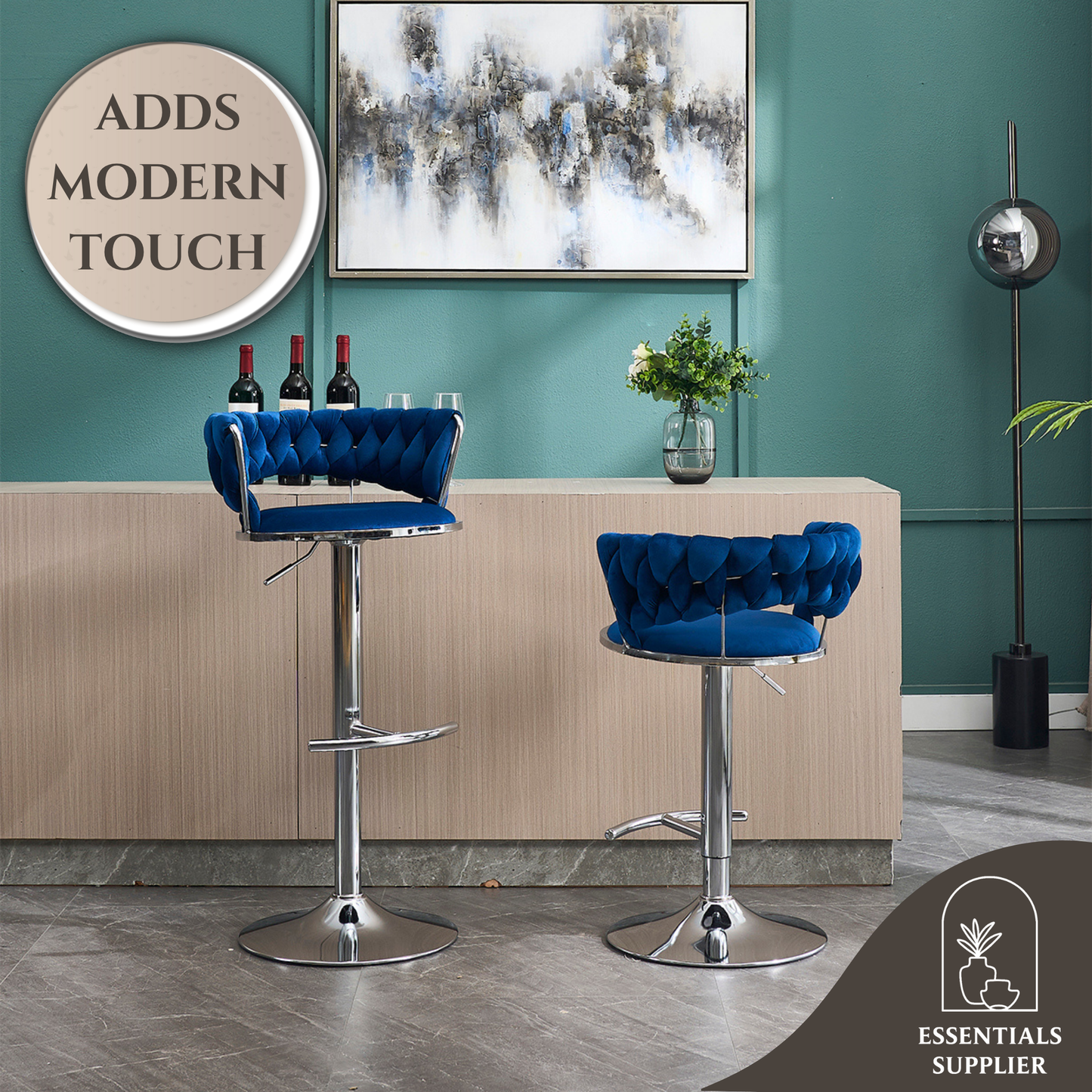Set of 2 Blue Velvet Bar Stools with Chrome Base & Swivel Adjustable Height