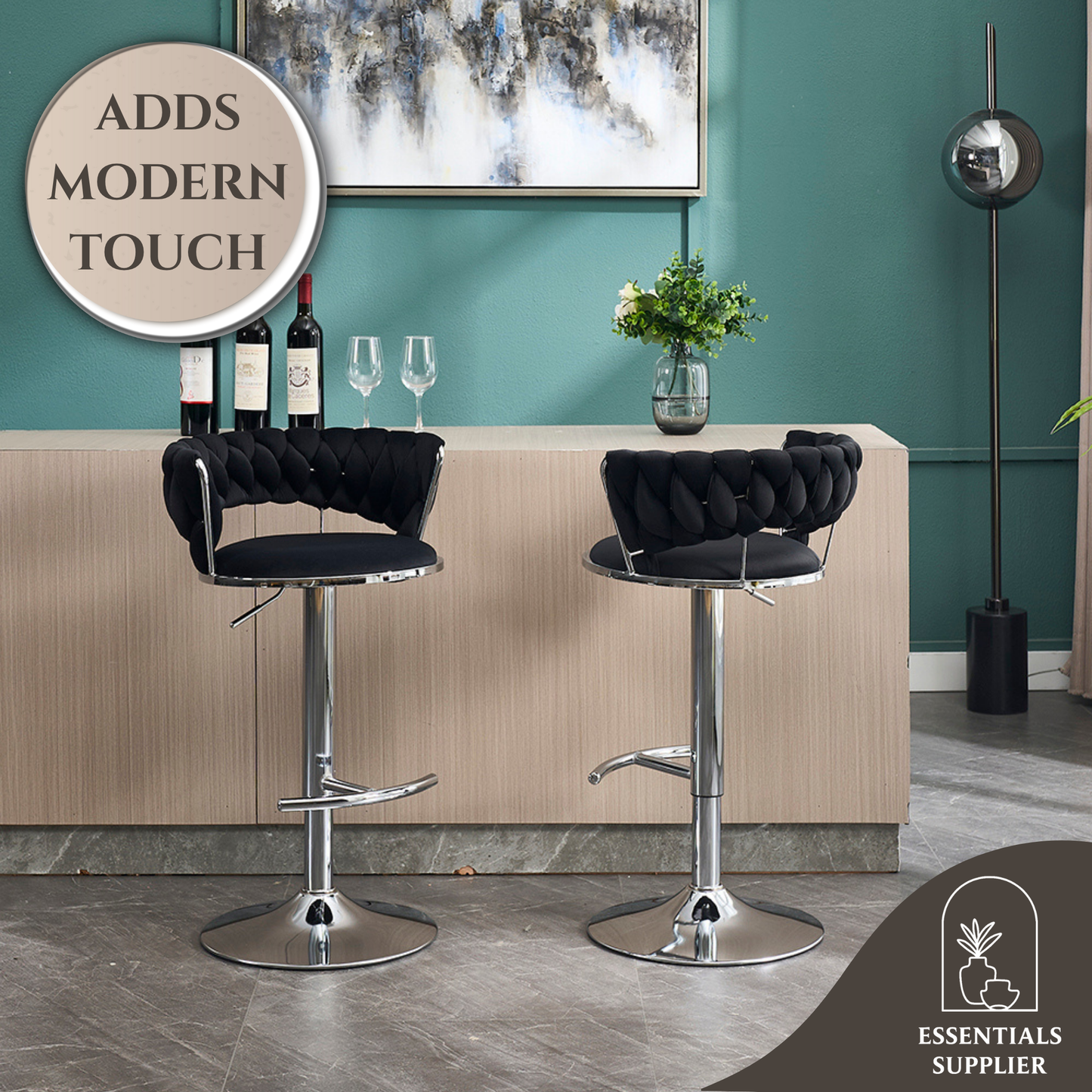 Set of 2 Black Velvet Bar Stools with Chrome Base & Swivel Adjustable Height