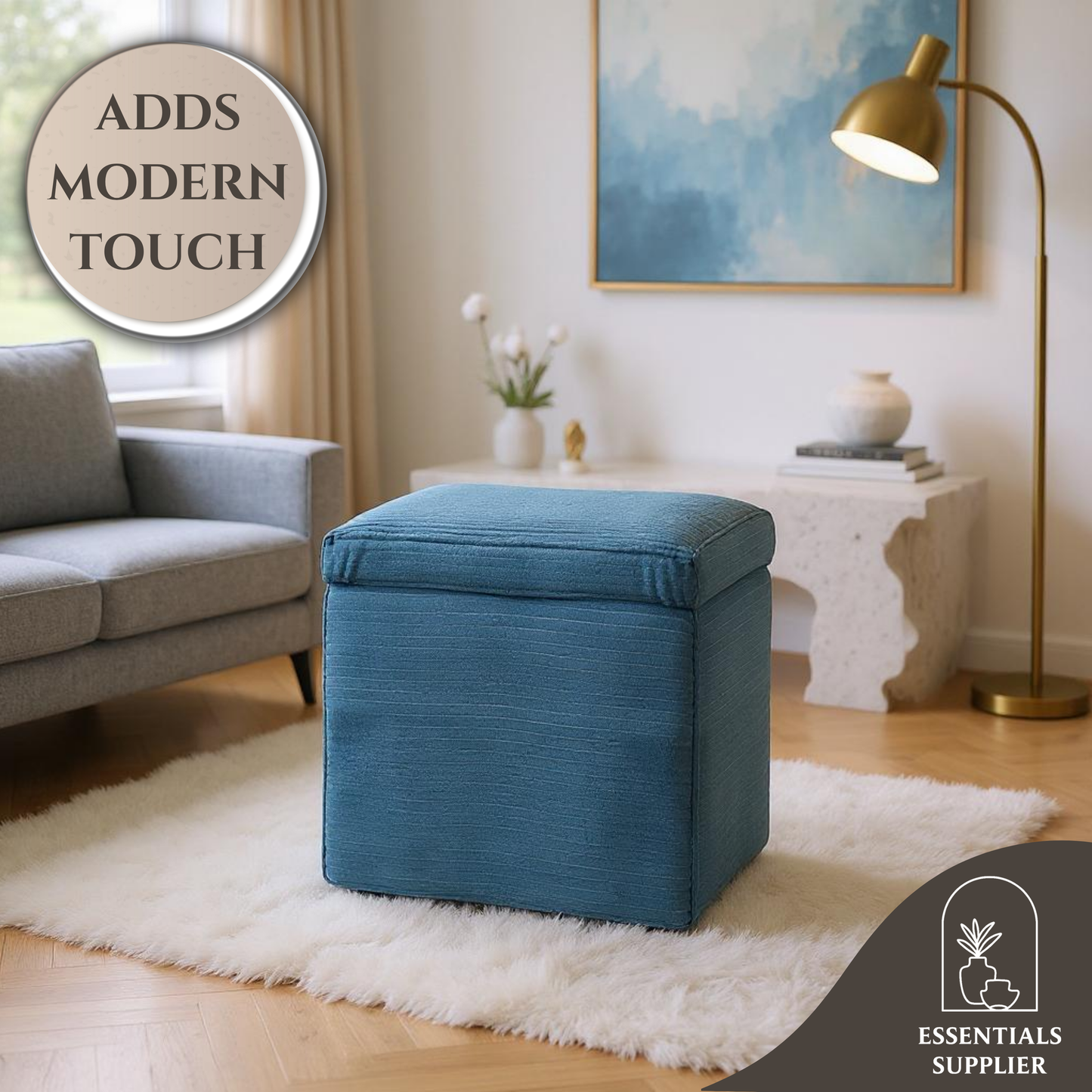 Blue Corduroy Storage Ottoman with Hidden Compartment – 16.5” Cube Seat