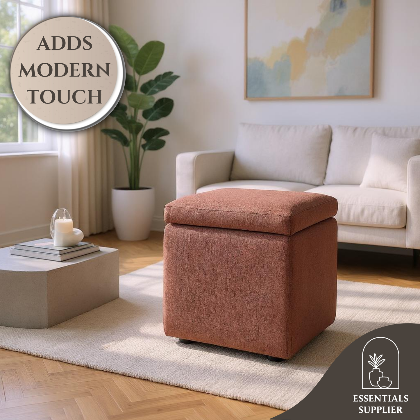 Brown Corduroy Storage Ottoman with Hidden Compartment – 16.5” Cube Seat