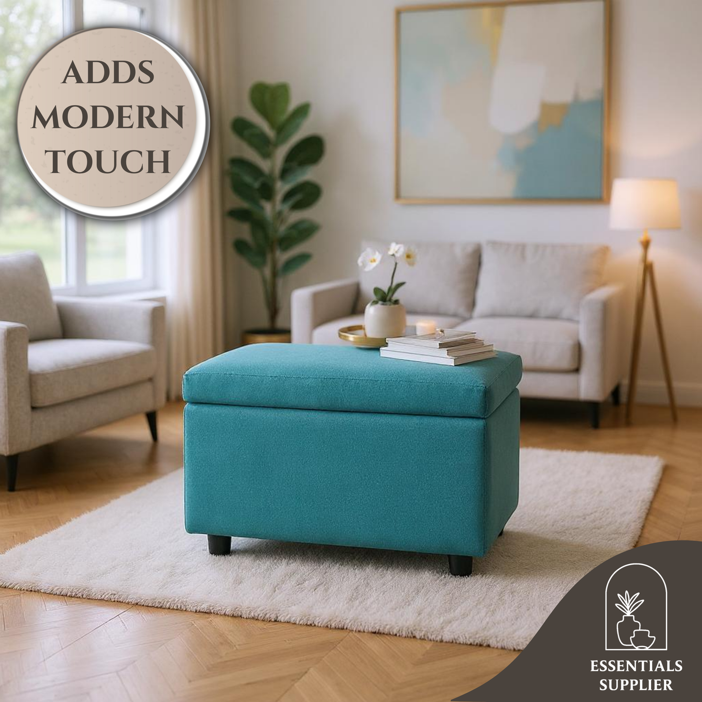 Blue Linen Storage Ottoman Bench with Hidden Compartment – 24.8" Wide