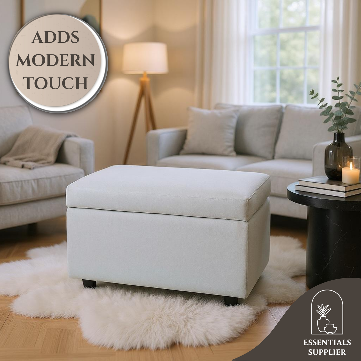 Beige Linen Storage Ottoman Bench with Hidden Compartment, 63×43×43cm