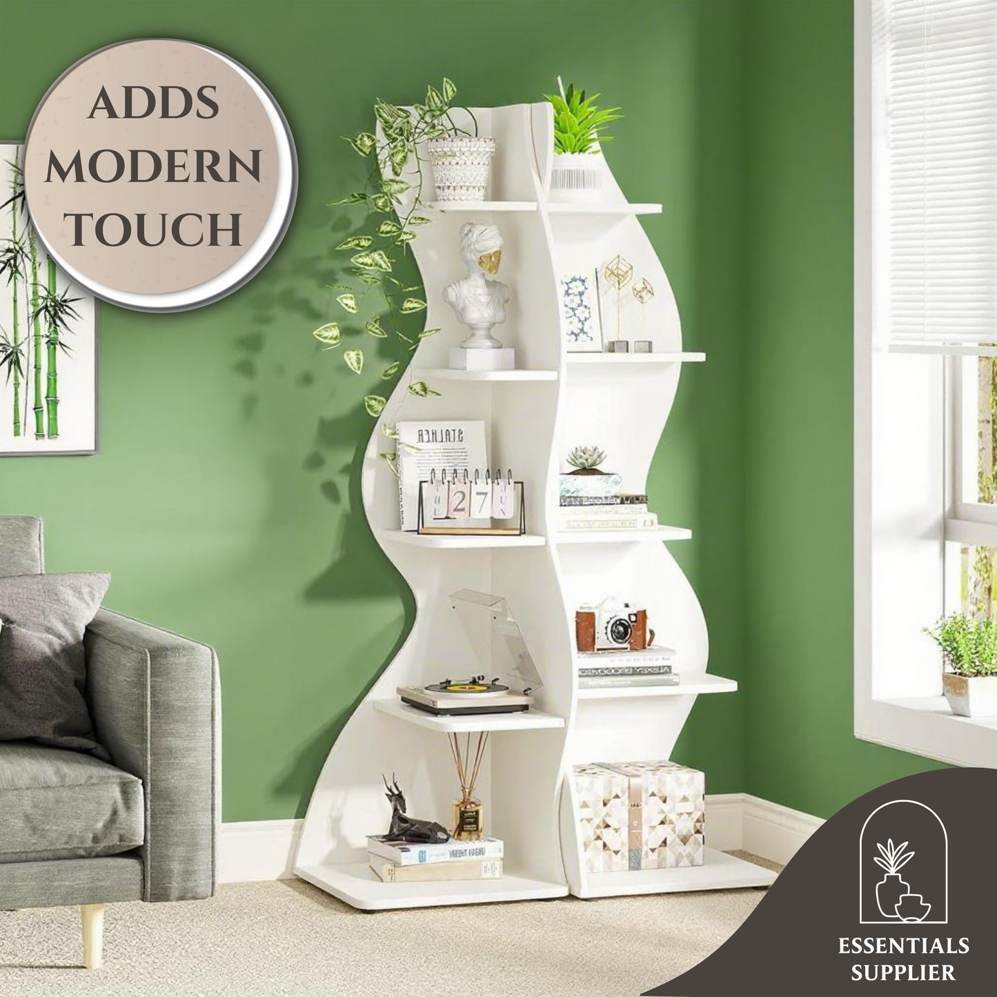 Bookcase Wavy 5-Tier White Corner Bookshelf – Modern Sculpted Storage Rack