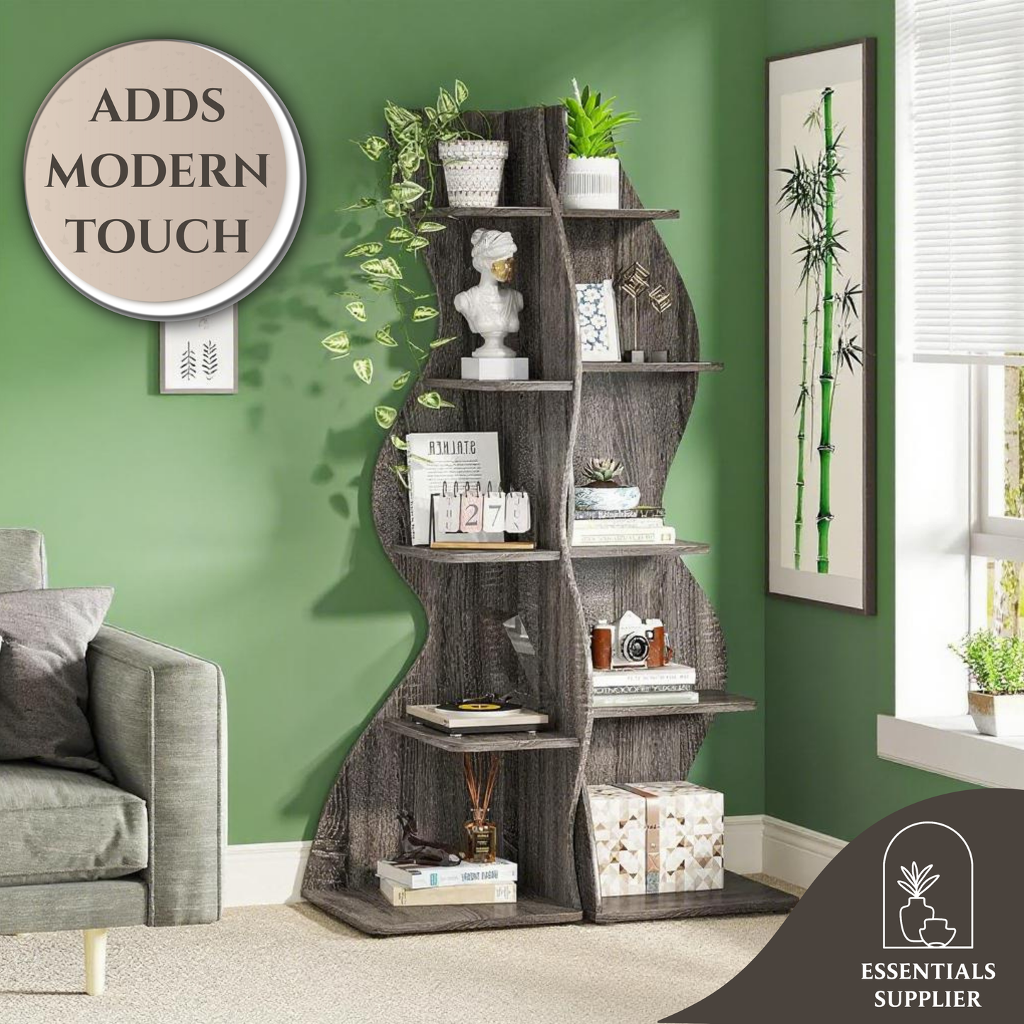 Dark Brown Wavy 5-Tier Corner Bookshelf – Modern Sculpted Bookcase Storage Rack