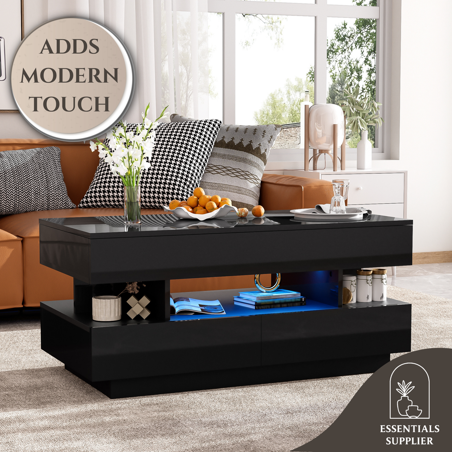 Black High-Gloss Coffee Table with Drawers, Extendable Top & 16-Color LED Lights