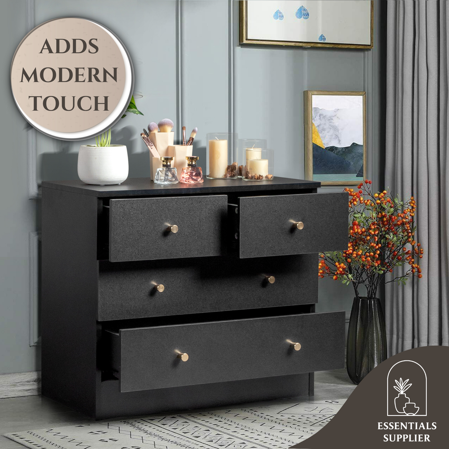 Modern Black 4-Drawer Dresser – Space-Saving Storage Cabinet for Bedroom or Living Room