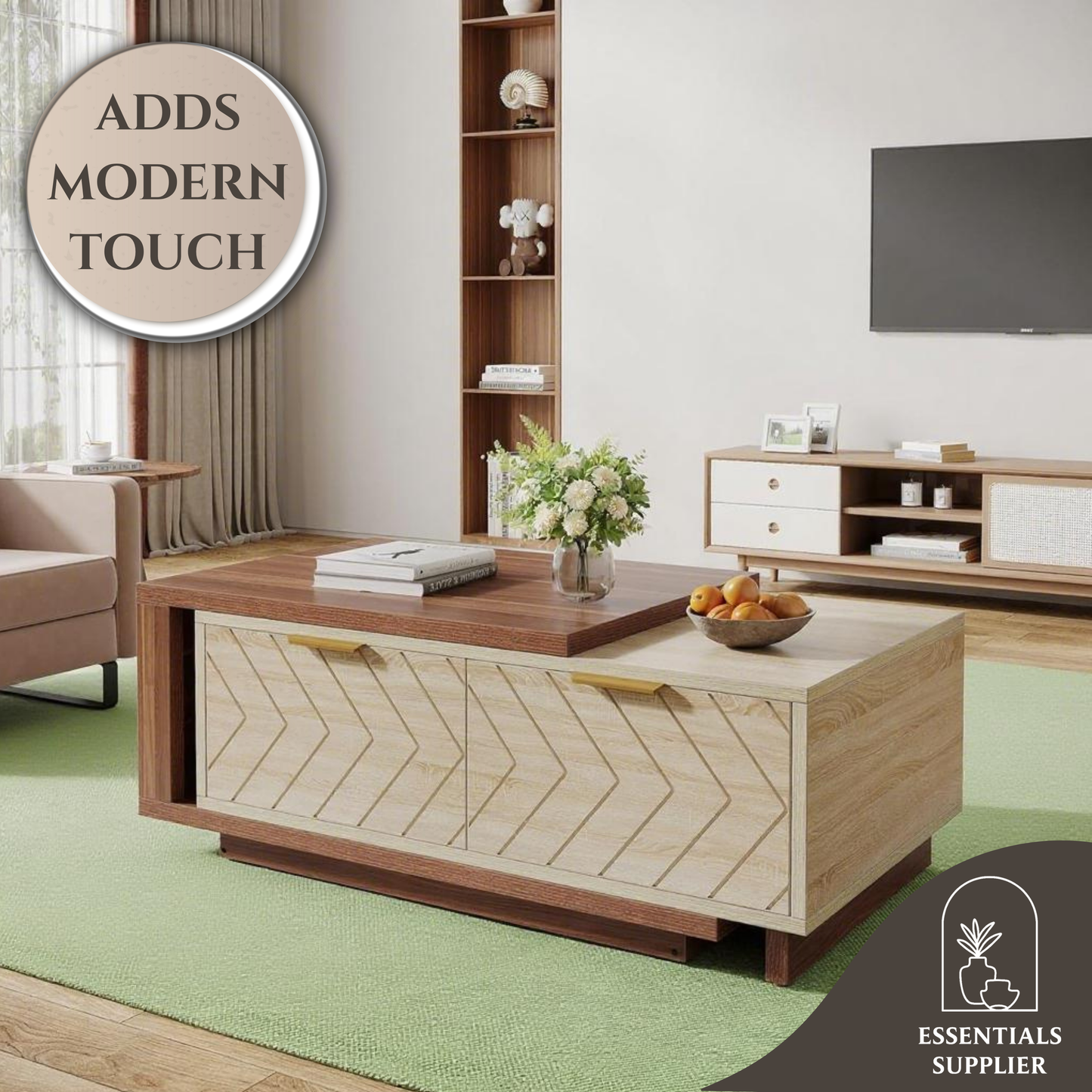 Walnut & Oak Expandable Coffee Table – V-Groove Drawers + Brass Pulls