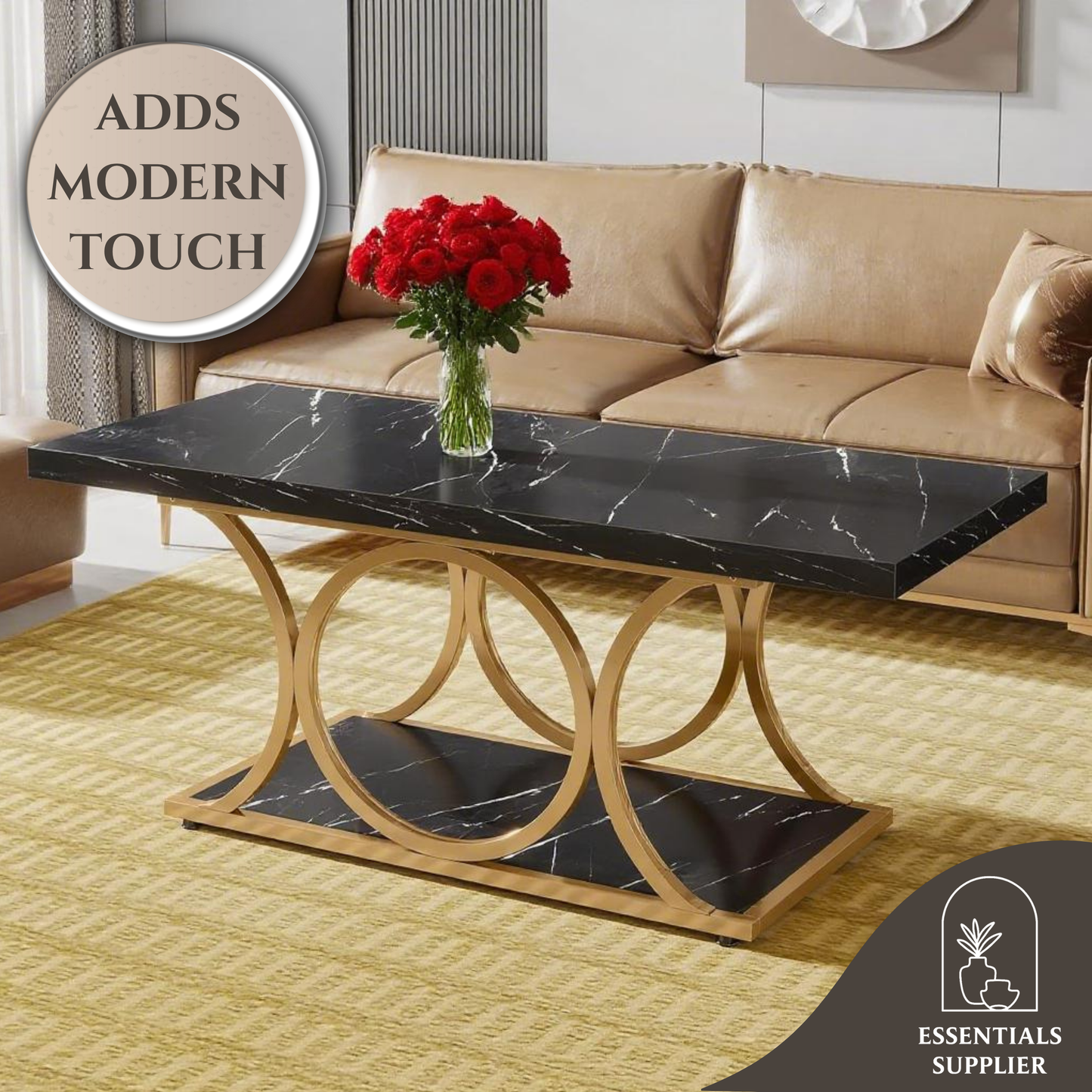 Rustic Black & Wood 2-Tier Coffee Table with Geometric Metal Base