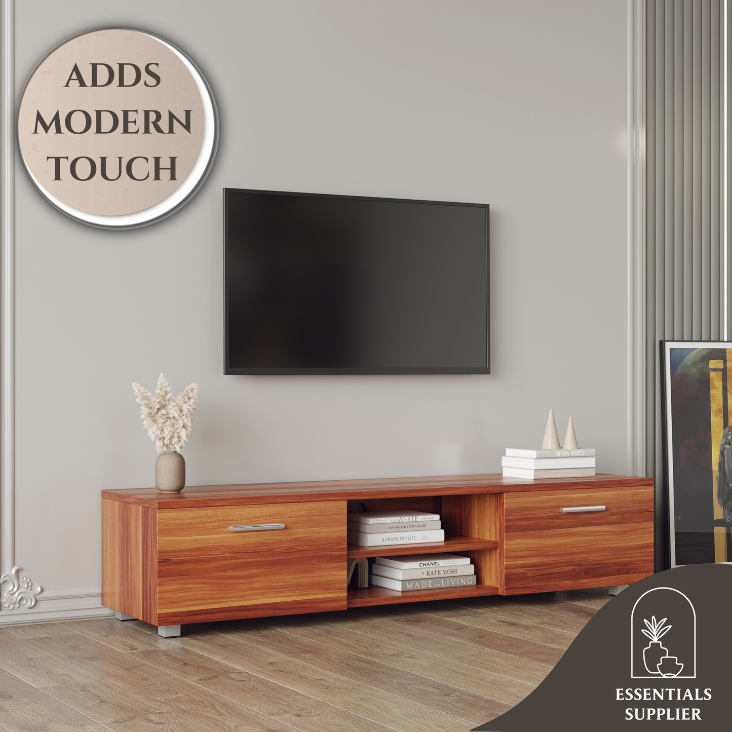 Walnut TV Stand for 70” TVs – Media Console with Drawers & Shelves