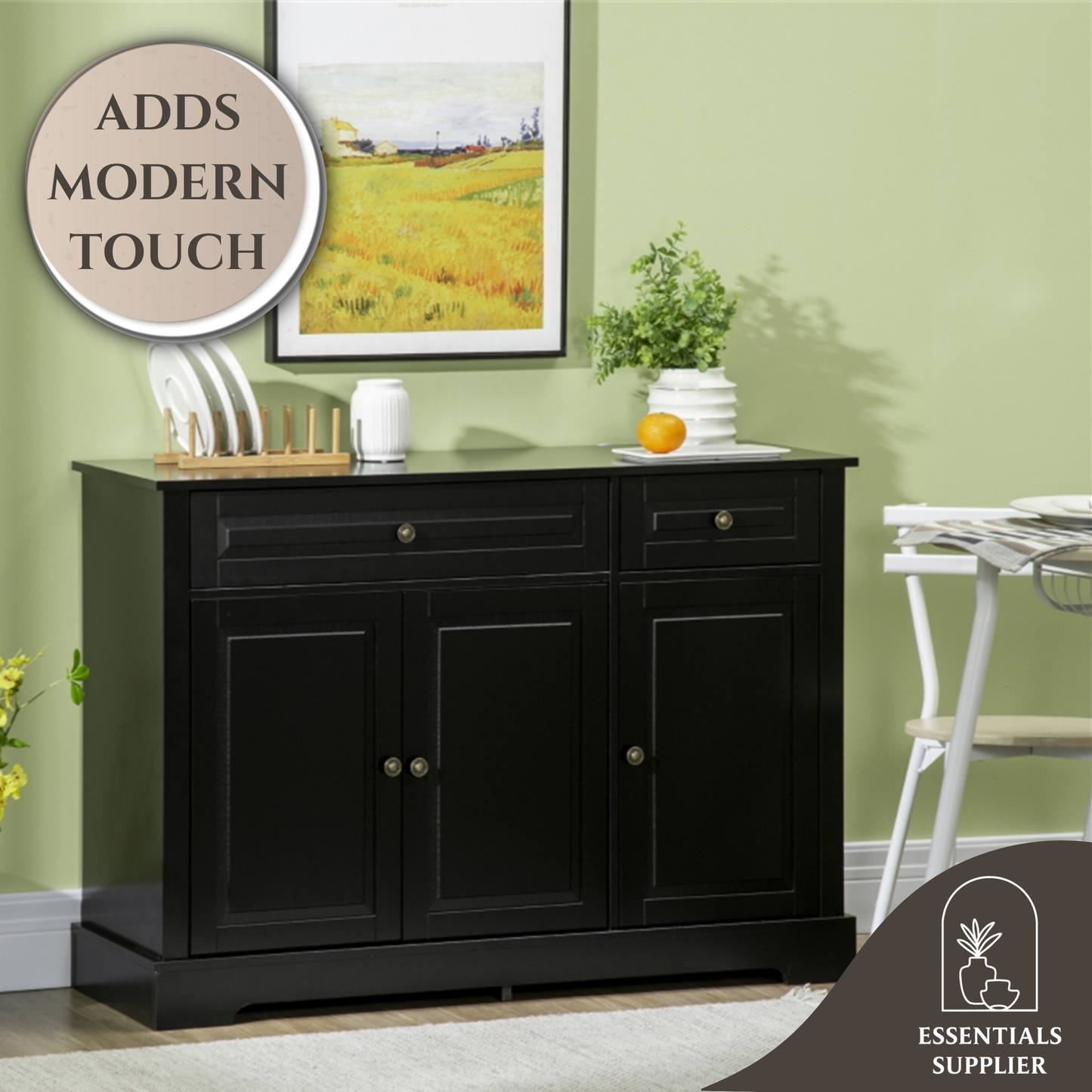 Black Kitchen Storage Cabinet – 3-Door Sideboard with Drawers & Shelves