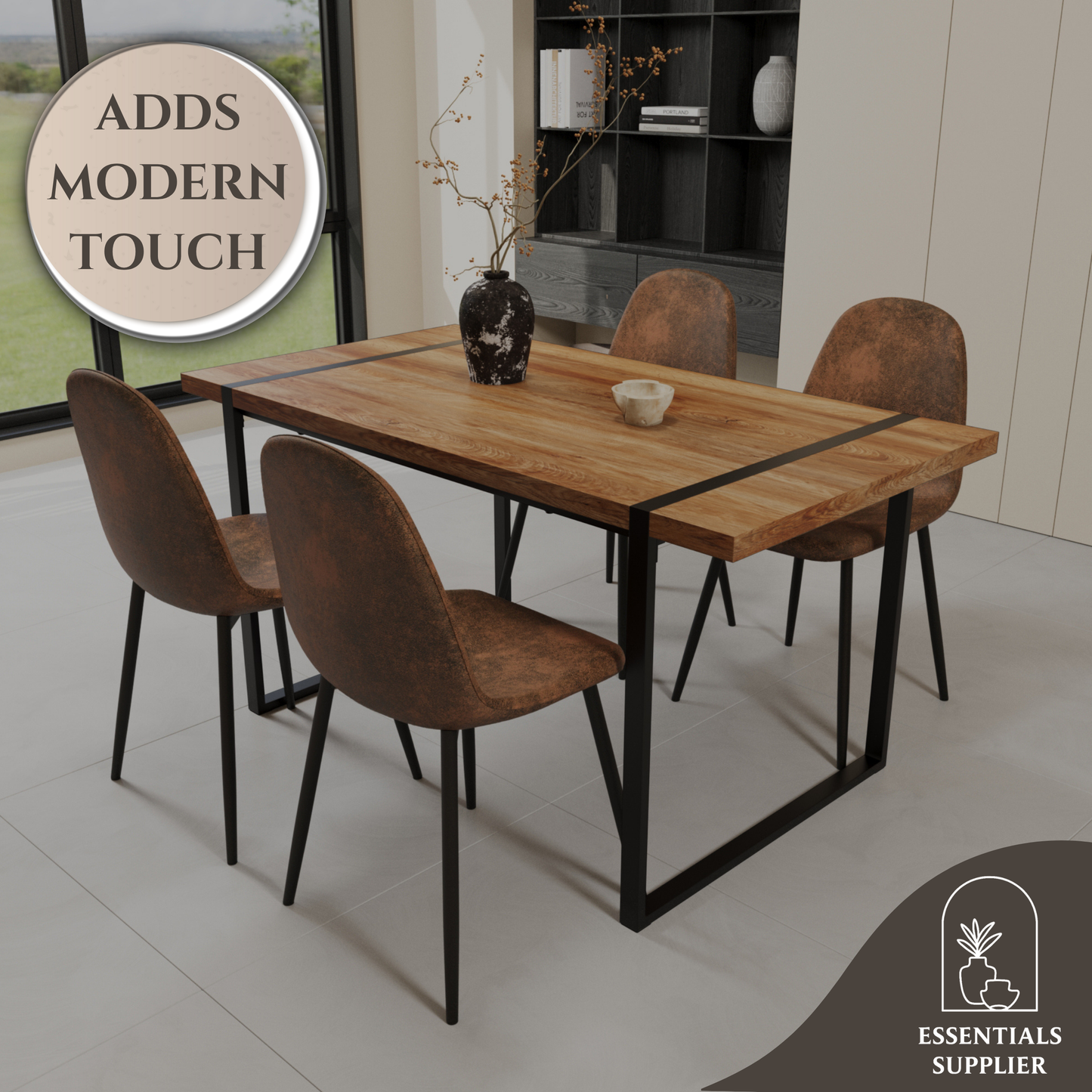 59" Wood Dining Table Set w/ 4 Suede Chairs | Industrial Metal Frame Design