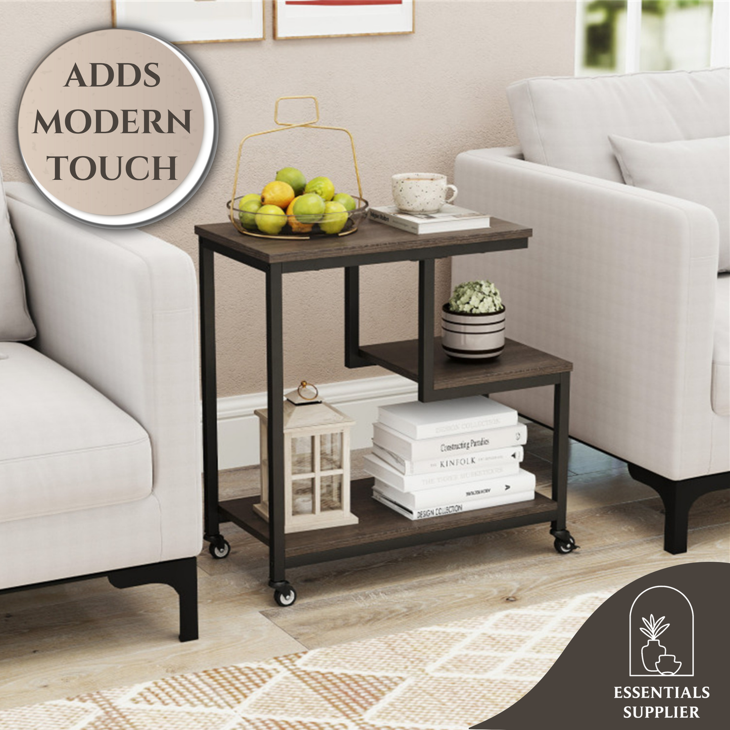G-Shaped 3-Tier Gray End Table with Wheels – Mobile Storage Side Table