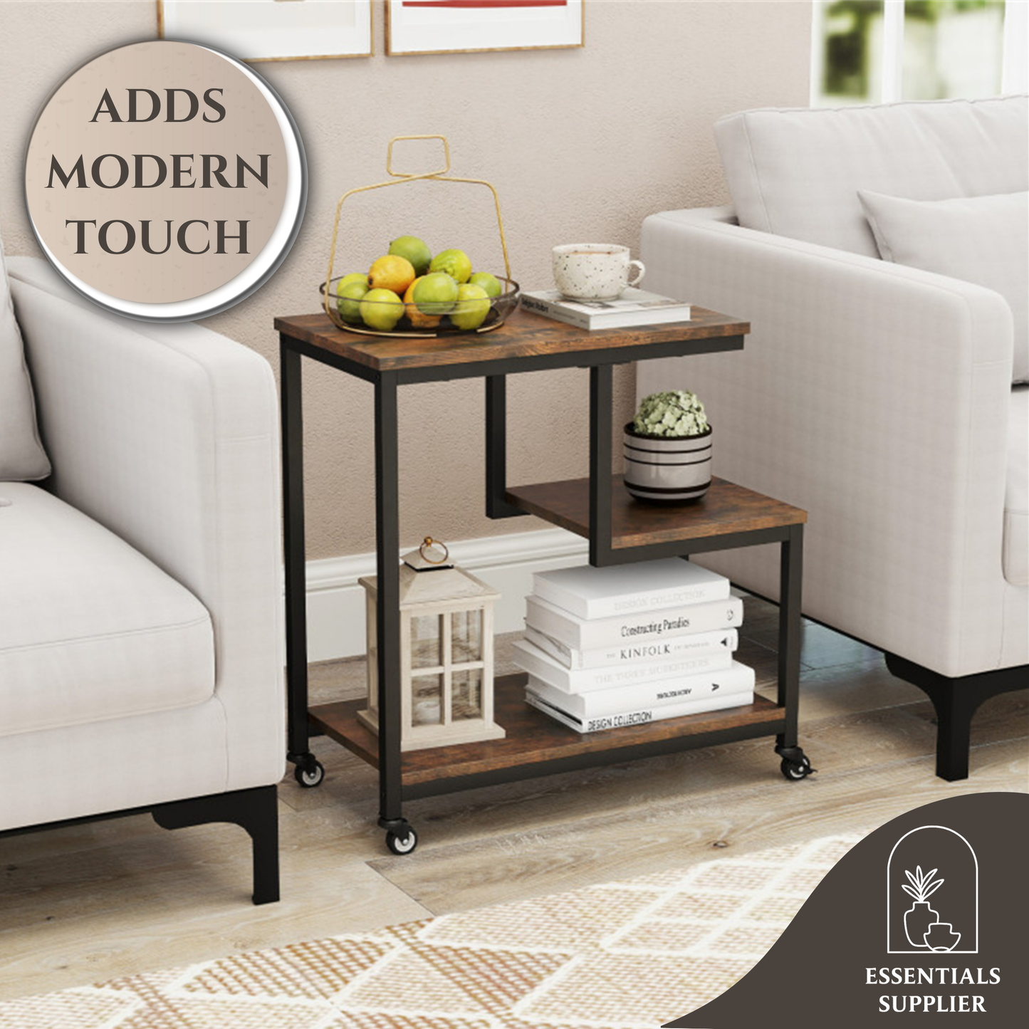 G-Shaped 3-Tier Brown End Table with Wheels – Mobile Storage Side Table