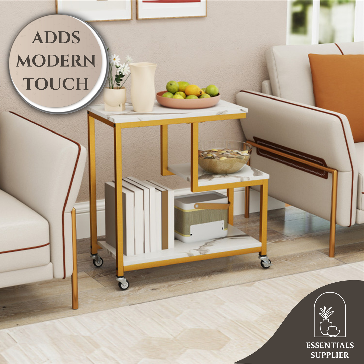 G-Shaped 3-Tier White End Table with Wheels – Mobile Storage Side Table