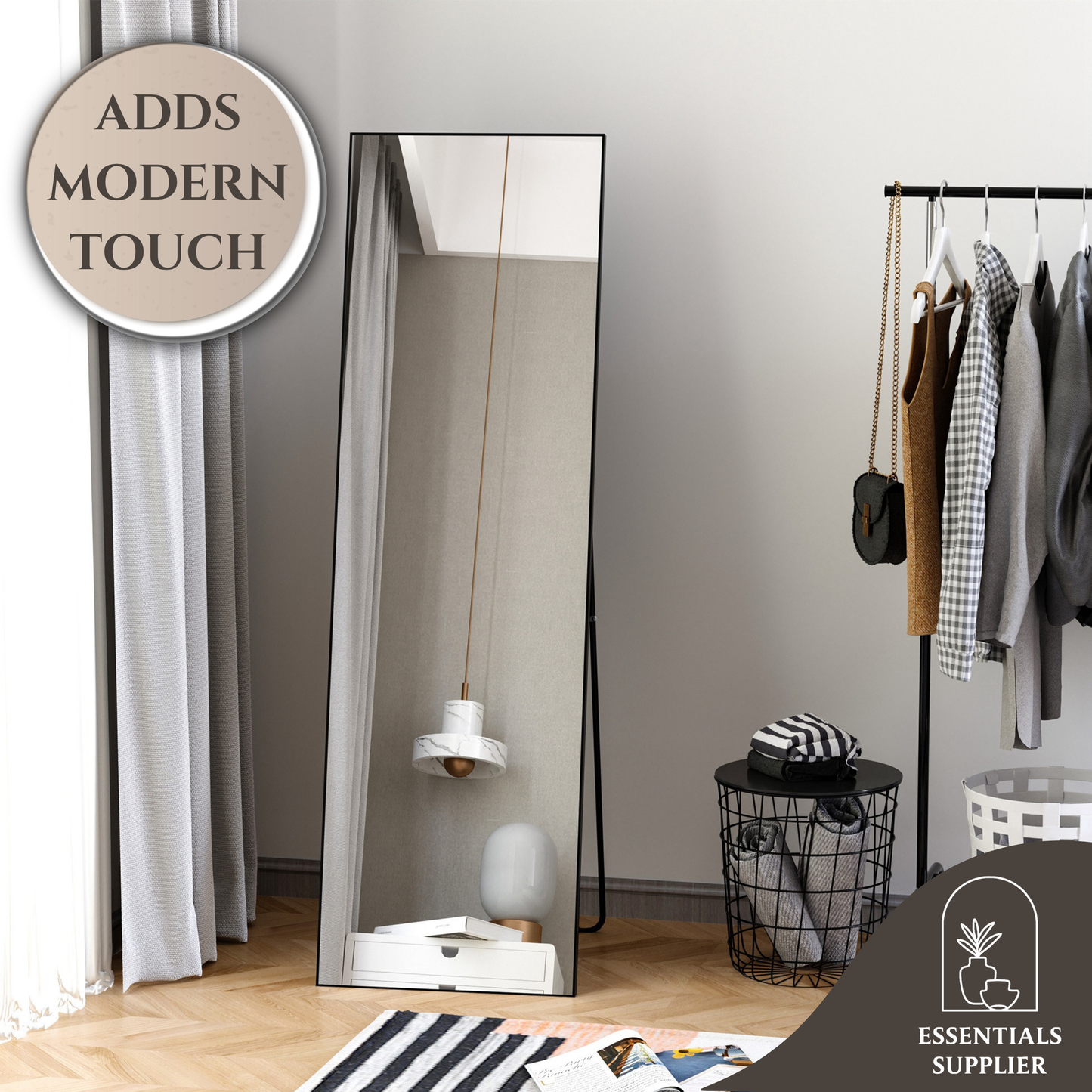 Modern Black Full-Length Dressing Mirror – Freestanding or Wall-Mount Design